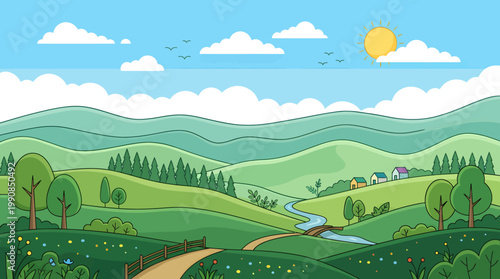A serene landscape scene with rolling hills trees and a sunny sky viewed from a distance on a beautiful day