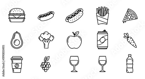 Assorted food and drink icons depicting a variety of common items
