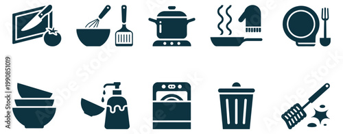 Kitchen items and tools icons, spatula knife pan pot and whisk symbols