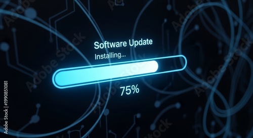 Essential Software Update Installation Progress Displayed on a Futuristic Digital Screen Interface with Loading Bar and Percentage