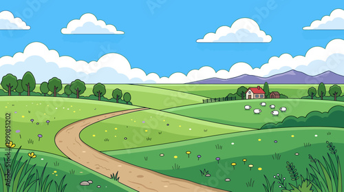 A serene landscape of rolling hills and a winding road leads to a house under a blue sky with fluffy clouds.
