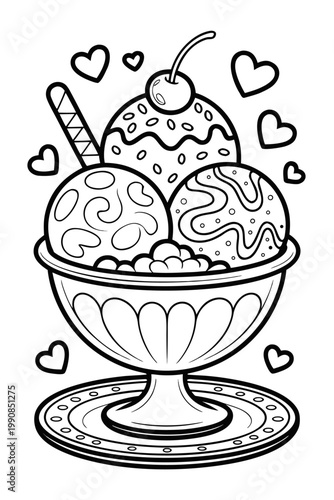 Black and white ice cream sundae coloring page with hearts
