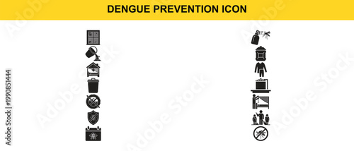 Dengue Prevention Icon Set Featuring Mosquito Control Water Hygiene Repellent Protection Awareness Symbols Vector Collection for Public Health Safety and Disease Prevention Campaign Design