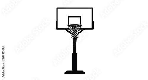 A black and white illustration of a basketball hoop and backboard