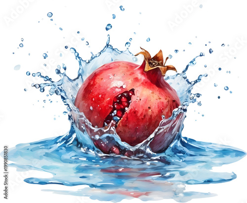 Pomegranate fruit splashing in blue water watercolor