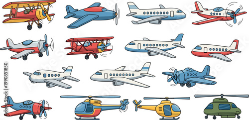 Cartoon Airplane and Helicopter Collection Set with Vintage Biplane and Jet Aircraft Icons for Kids, Aviation, and Travel Design