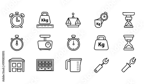 Industrial measurement and timing UI icons vector set with stopwatch scale ruler warehouse and kitchen tools