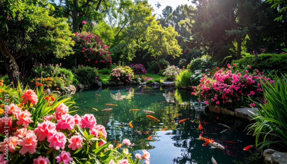 Fototapeta premium Tranquil garden pond with colorful fish