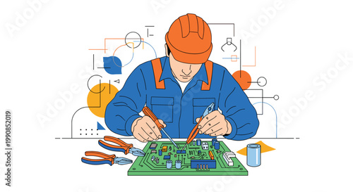 Skilled technician in a hard hat and blue uniform carefully repairing an electronic circuit board using specialized tools.