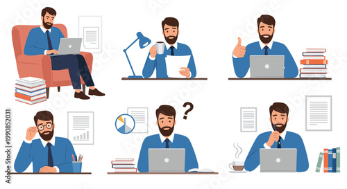 Multi-scenario illustration of a bearded businessman working on a laptop drinking coffee thinking and celebrating success at his desk.
