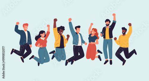Diverse group of enthusiastic young men and women jumping high in the air together celebrating achievement and happiness.