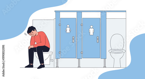 Unhappy man sitting on a toilet in a public restroom stall looking distressed reflecting digestive issues or health problems.