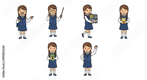 Collection of schoolgirl character illustrations in various poses including pointing teaching holding books and waving hello.
