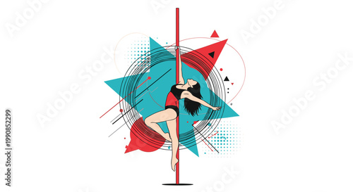 Graceful female pole dancer performing an athletic pose on a red vertical pole against an abstract geometric and star background.