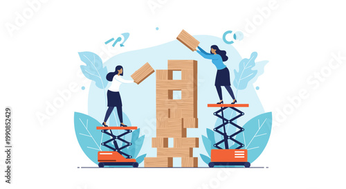 Two professional women on scissor lift platforms collaborating to build a tall unstable tower of large wooden blocks in a leafy environment.