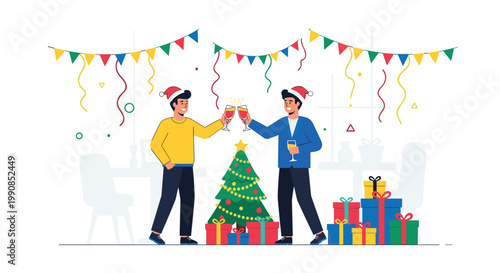 Two happy coworkers wearing Santa hats and toasting with wine glasses at a festive office Christmas party with decorations and gifts.