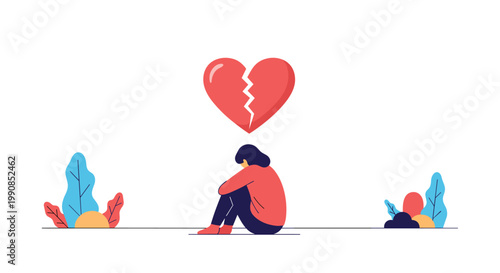 Young woman sitting on the ground in sadness under a large broken heart symbol representing emotional pain and heartbreak.