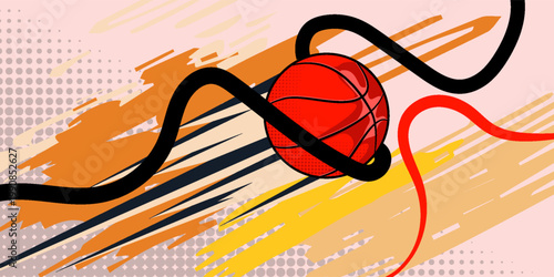 Dynamic and modern graphic illustration of a basketball flying at high speed towards the hoop on an abstract court background.