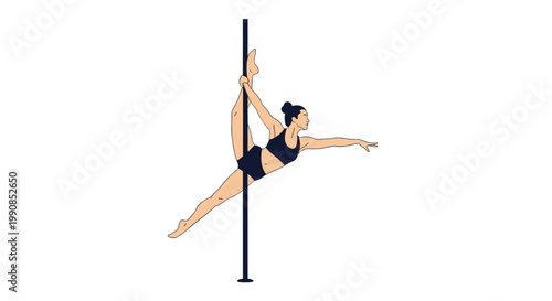 Athletic woman in black sportswear performing a graceful and difficult pose on a vertical pole during a fitness or dance session.