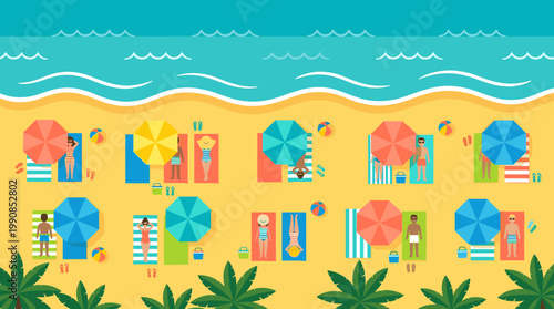Summer beach vacation illustration with people sunbathing. Aerial view of a crowded tropical seaside. Perfect for travel, holiday, and tourism concepts.