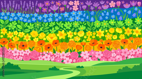 A vibrant, stylized illustration of a fantasy landscape with flowers arranged in rainbow stripes. A cheerful and colorful background for spring or summer.