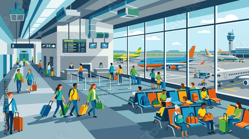 Vector illustration of a busy airport terminal. People with luggage check-in, walk, and wait for their flight. Perfect for travel or tourism concepts.