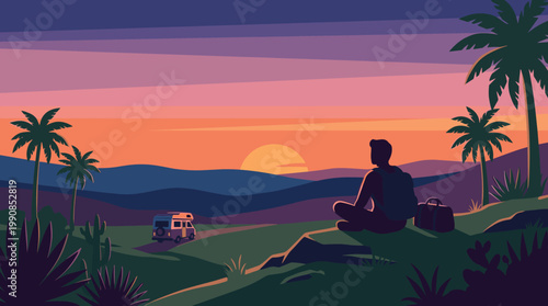 Vector illustration of a solo traveler watching a tropical sunset. A camper van drives on a road. Calm, adventurous mood for travel and lifestyle.