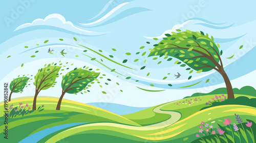 A vibrant vector illustration of a windy day. Trees bend and leaves fly over rolling green hills. A dynamic scene for weather, nature, or spring concepts.