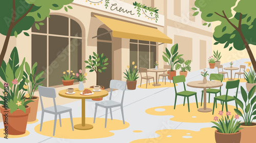 A charming vector illustration of a cozy outdoor street cafe terrace. Empty tables with coffee create a peaceful, sunny morning atmosphere.