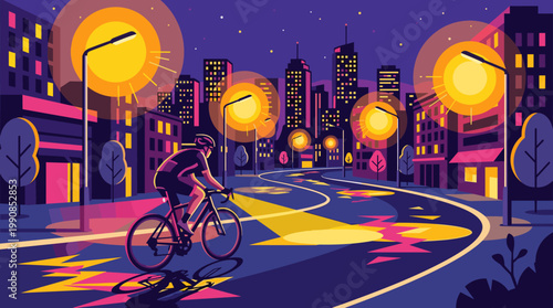 A cyclist rides on a city road at night. This vibrant vector illustration evokes energy and modern urban life, perfect for sports or lifestyle concepts.