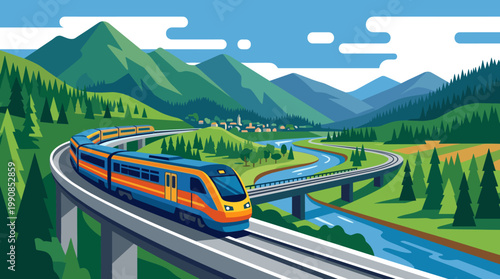 Modern high speed train traveling through a scenic mountain landscape. Vector illustration for transport, technology, and tourism concepts.