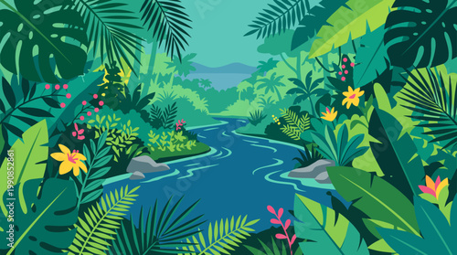 Vibrant vector illustration of a lush tropical jungle with a river. Perfect background for travel, nature, or eco-friendly concepts. Flat modern style.