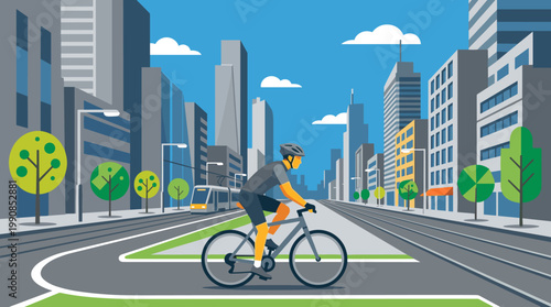 A cyclist rides a bicycle on a green bike lane through a modern city. Vector illustration for urban transport, healthy lifestyle, and sustainable commuting.
