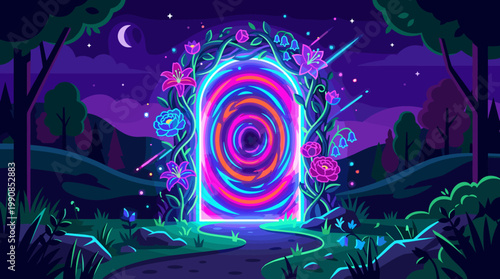 A vibrant neon portal glows in a magic forest at night. Fantasy landscape illustration for game, sci-fi, or metaverse concepts. Vector background.