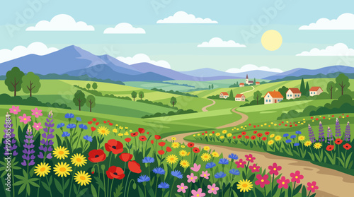 Beautiful summer landscape vector with a wildflower field, green hills and a village. An idyllic and peaceful scene perfect for travel or nature concepts.