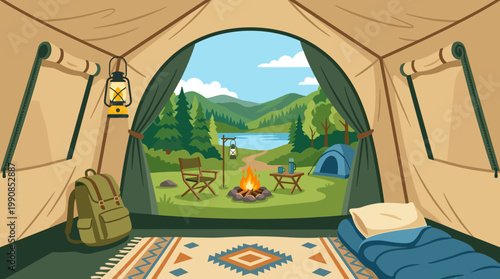 Cozy view from a tent of a peaceful campsite with a campfire by a lake. Vector illustration for travel, adventure, hiking, and outdoor recreation concepts.