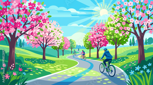 A vibrant vector illustration of people enjoying a bike ride in a sunny spring park. A scenic path winds through blooming cherry trees and green hills.