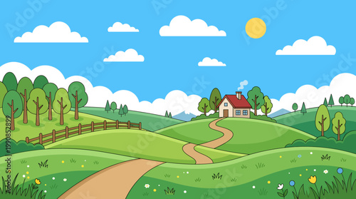 A serene landscape of rolling green hills with a house and trees under a sunny blue sky with clouds.