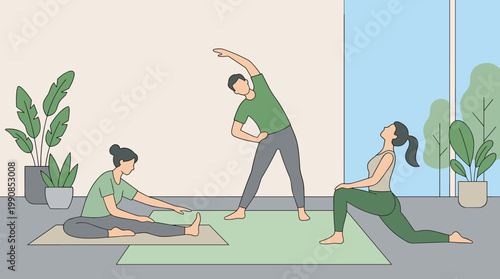 Vector illustration of diverse people in a yoga class. Men and women stretching on mats in a bright studio. Concept for wellness, fitness, and healthy lifestyle.