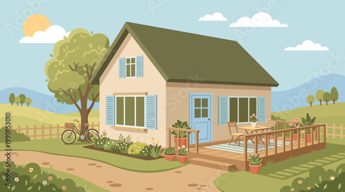 Vector illustration of a cute suburban house with a garden and terrace. Peaceful country scene on a sunny day for real estate or lifestyle concepts.