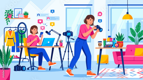 A creative team of influencers, a vlogger and a photographer, work in a studio. Vector concept for social media, marketing, and modern digital business.