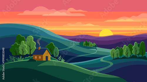 A vibrant vector illustration of a peaceful countryside at sunset. A cozy farmhouse sits on rolling green hills, perfect for travel or real estate concepts.