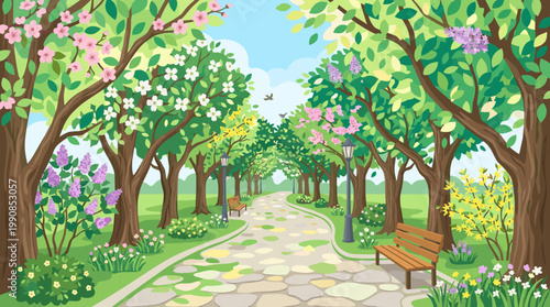 A beautiful spring park with a stone path, blooming trees, and flowers. An idyllic vector landscape perfect for a background, card or web design.
