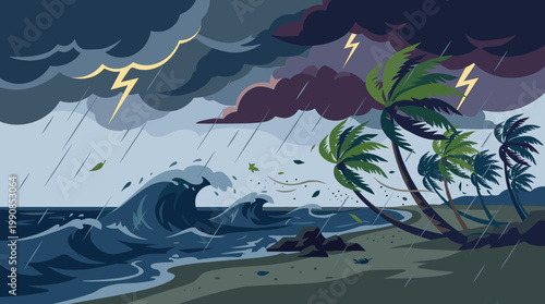 A vector illustration of a powerful hurricane hitting a tropical coast. Dark clouds, lightning, and huge waves create a dramatic and dangerous weather scene.