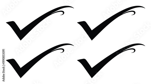 Elegant black check mark icon set, decorative flourish tick symbols for approval, set of 4 calligraphy style checkmark vectors for business success