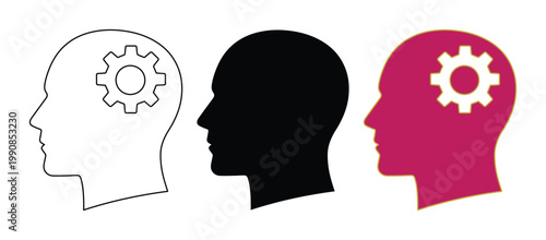 Human head profile with gear icon, mental process and brain function concept vector, psychological thinking and artificial intelligence symbols