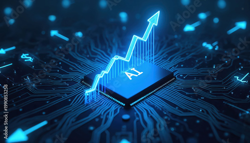 Glowing blue line graph ascends over AI chip on circuit board. Digital arrows point in various directions. Concept shows data, growth, future tech.