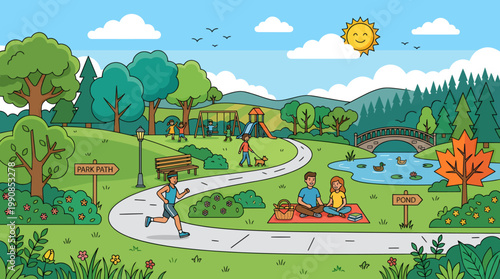 People enjoy a sunny day outdoors in a park with a pathway and trees