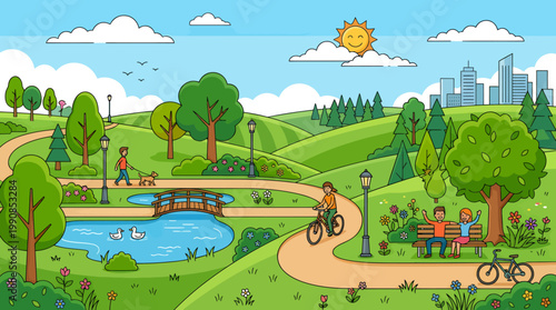 People cycling and walking in a park with trees, a pond, and a cityscape under a sunny sky.