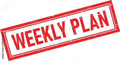 Distressed Rectangular Rubber Stamp of WEEKLY PLAN in Red Ink on White
